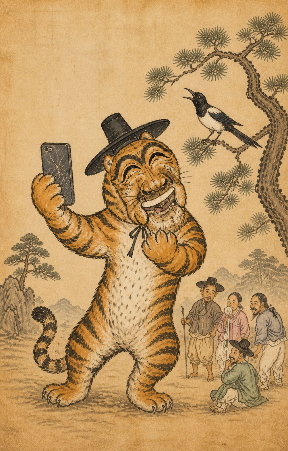 The grinning tiger and magpie in a vertical Korean folk painting