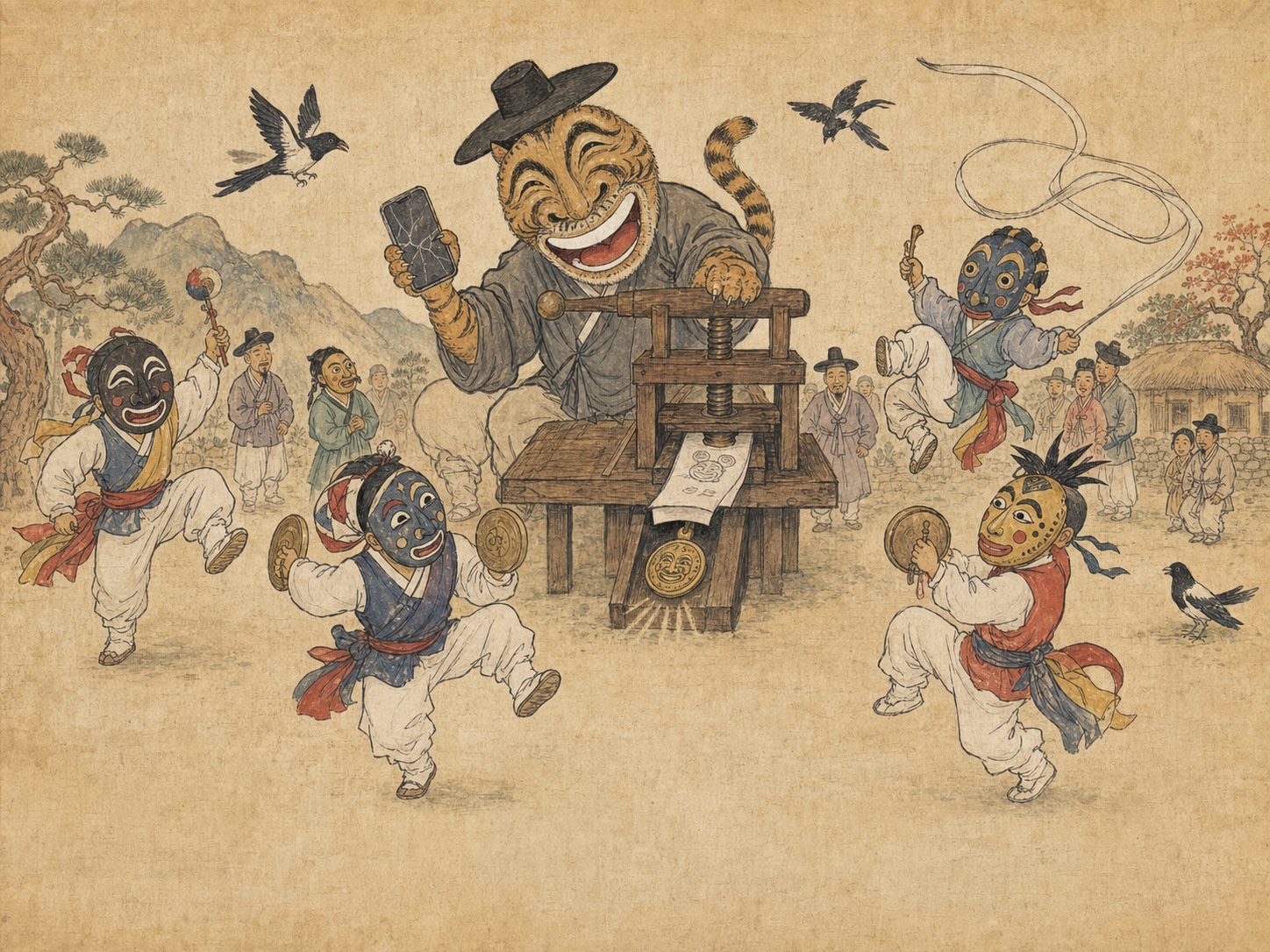 A grinning tiger operating a wooden coin press while masked folk dancers celebrate in a Korean folk-art scene