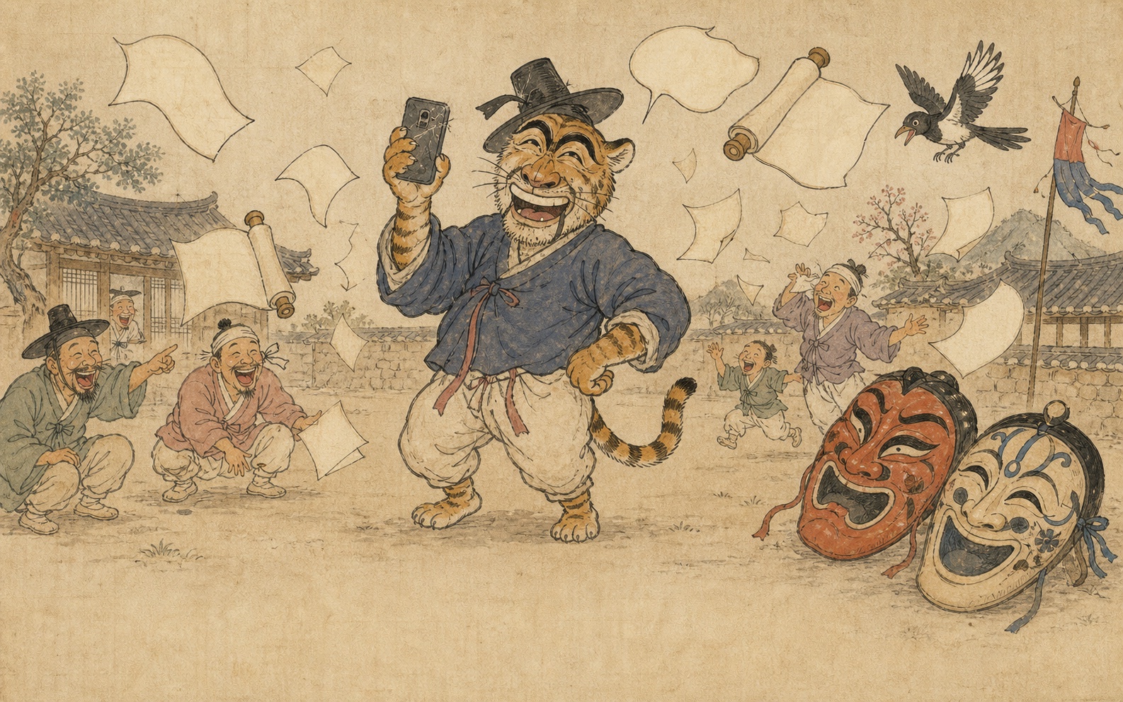 A foolish tiger holding a phone upside down while scrolls and laughing masks whirl through a Korean folk-art village